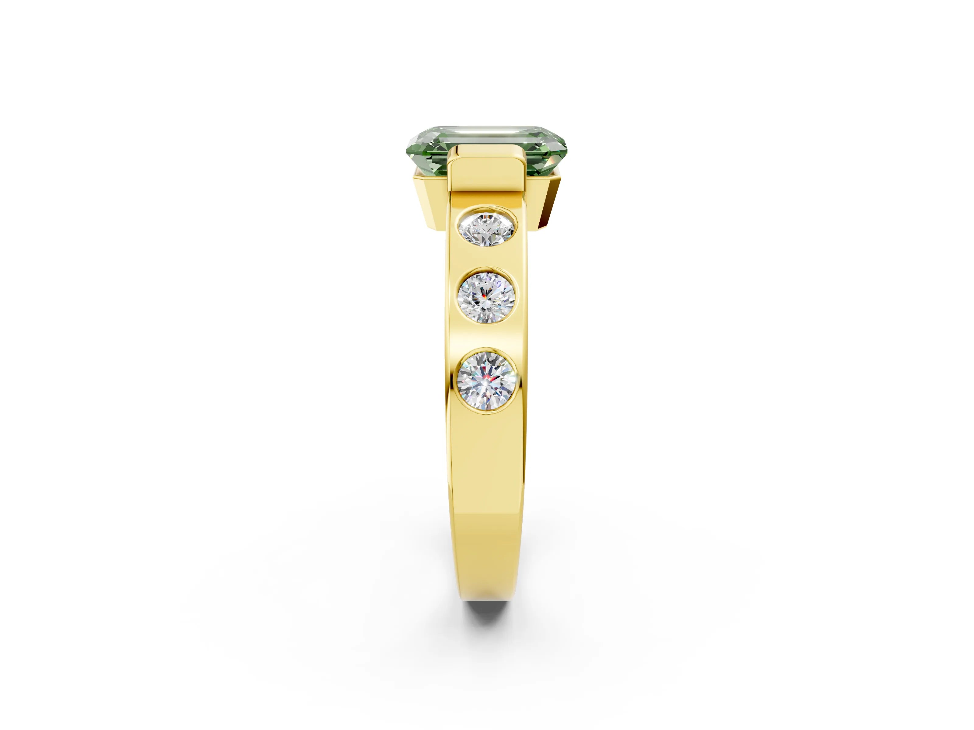 Yellow gold Fancy Green Emerald Cut Brilliant Channel-Set Diamond Ring with Bezel Prong Setting_2