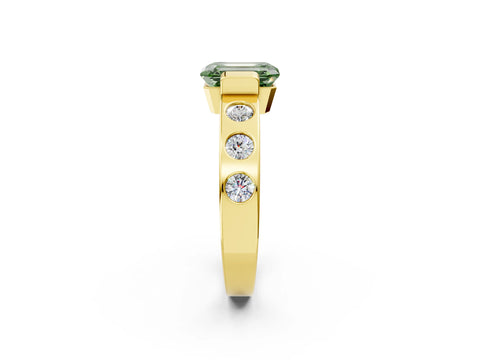 Yellow gold Fancy Green Emerald Cut Brilliant Channel-Set Diamond Ring with Bezel Prong Setting_2