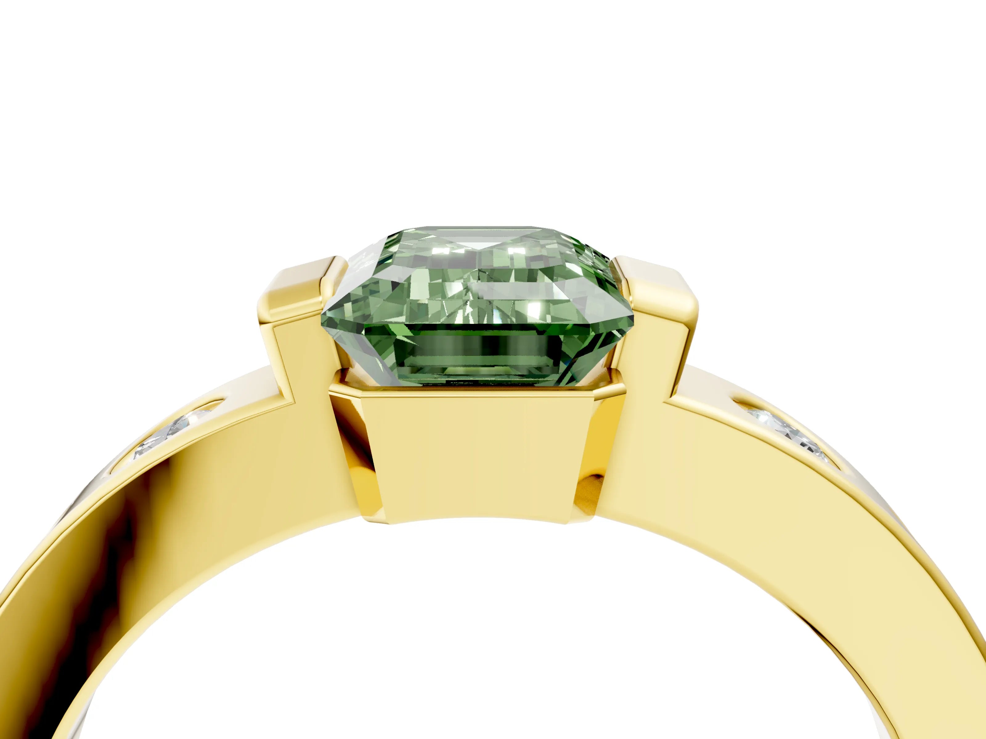 Yellow gold Fancy Green Emerald Cut Brilliant Channel-Set Diamond Ring with Bezel Prong Setting_4