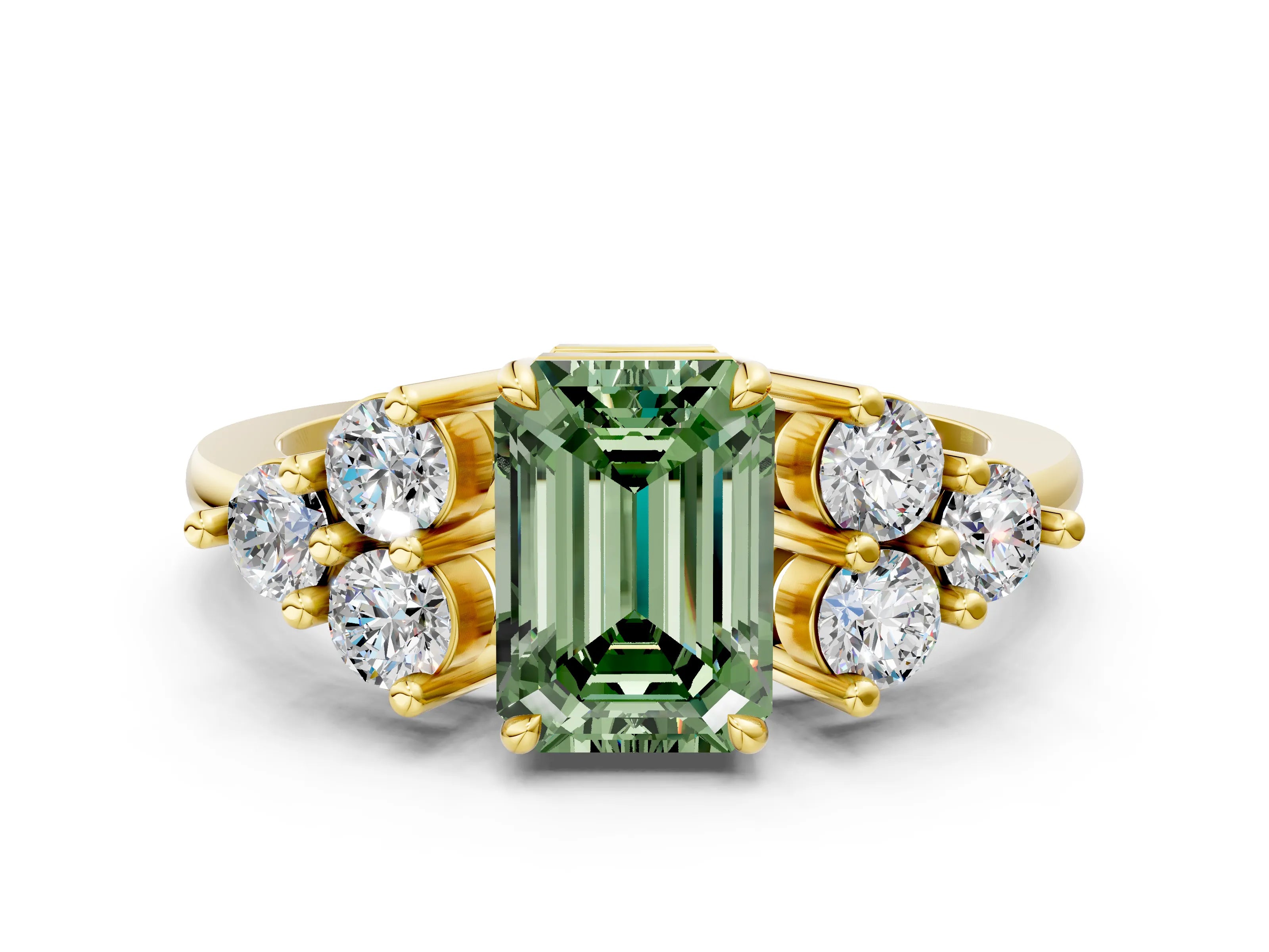 Yellow gold Fancy Green Emerald Cut Brilliant Diamond Cluster Accent Solitaire Ring with Prong Setting