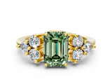 Yellow gold Fancy Green Emerald Cut Brilliant Diamond Cluster Accent Solitaire Ring with Prong Setting