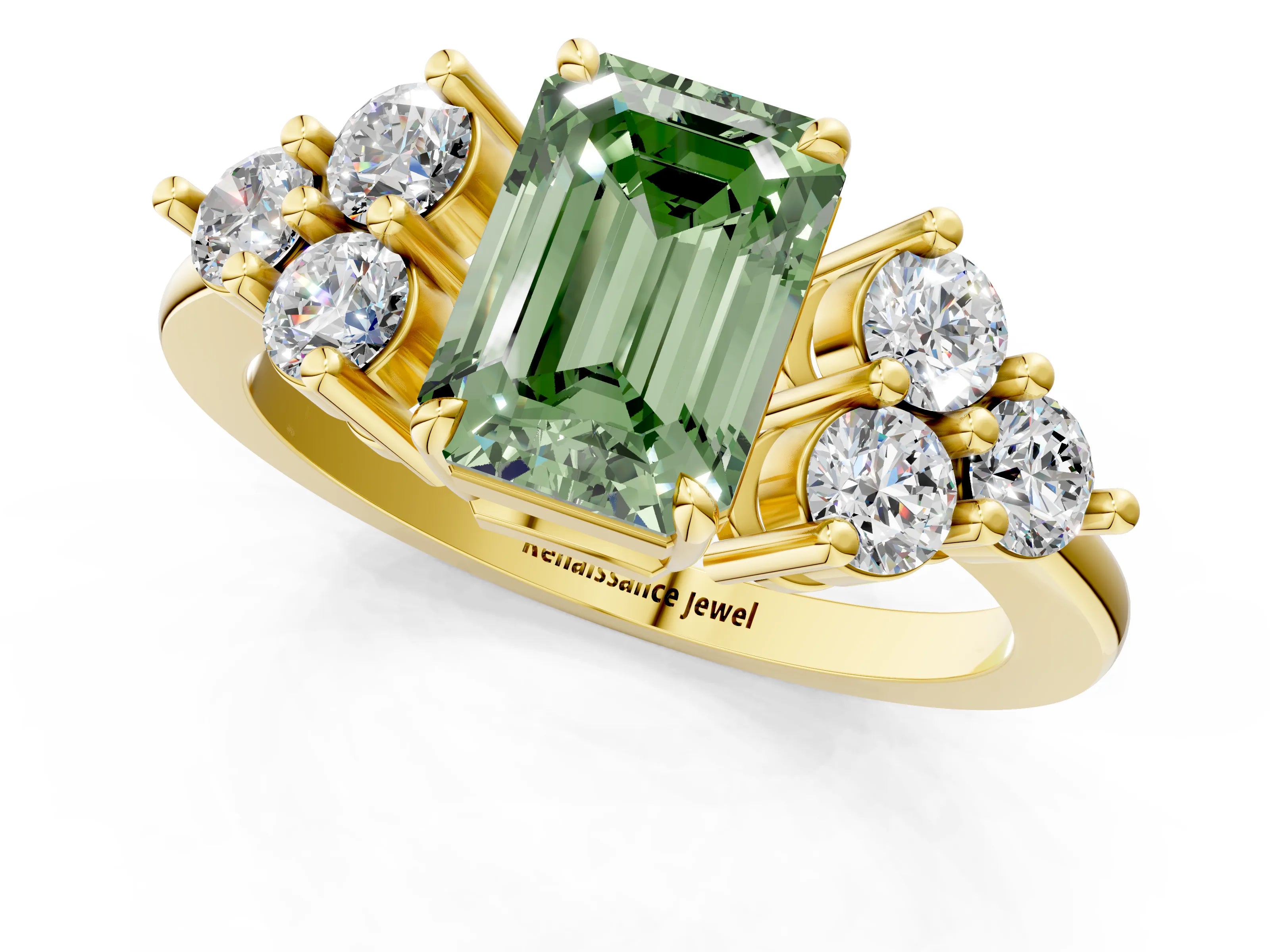 Yellow gold Fancy Green Emerald Cut Brilliant Diamond Cluster Accent Solitaire Ring with Prong Setting_1