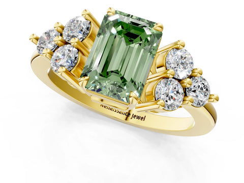 Yellow gold Fancy Green Emerald Cut Brilliant Diamond Cluster Accent Solitaire Ring with Prong Setting_1