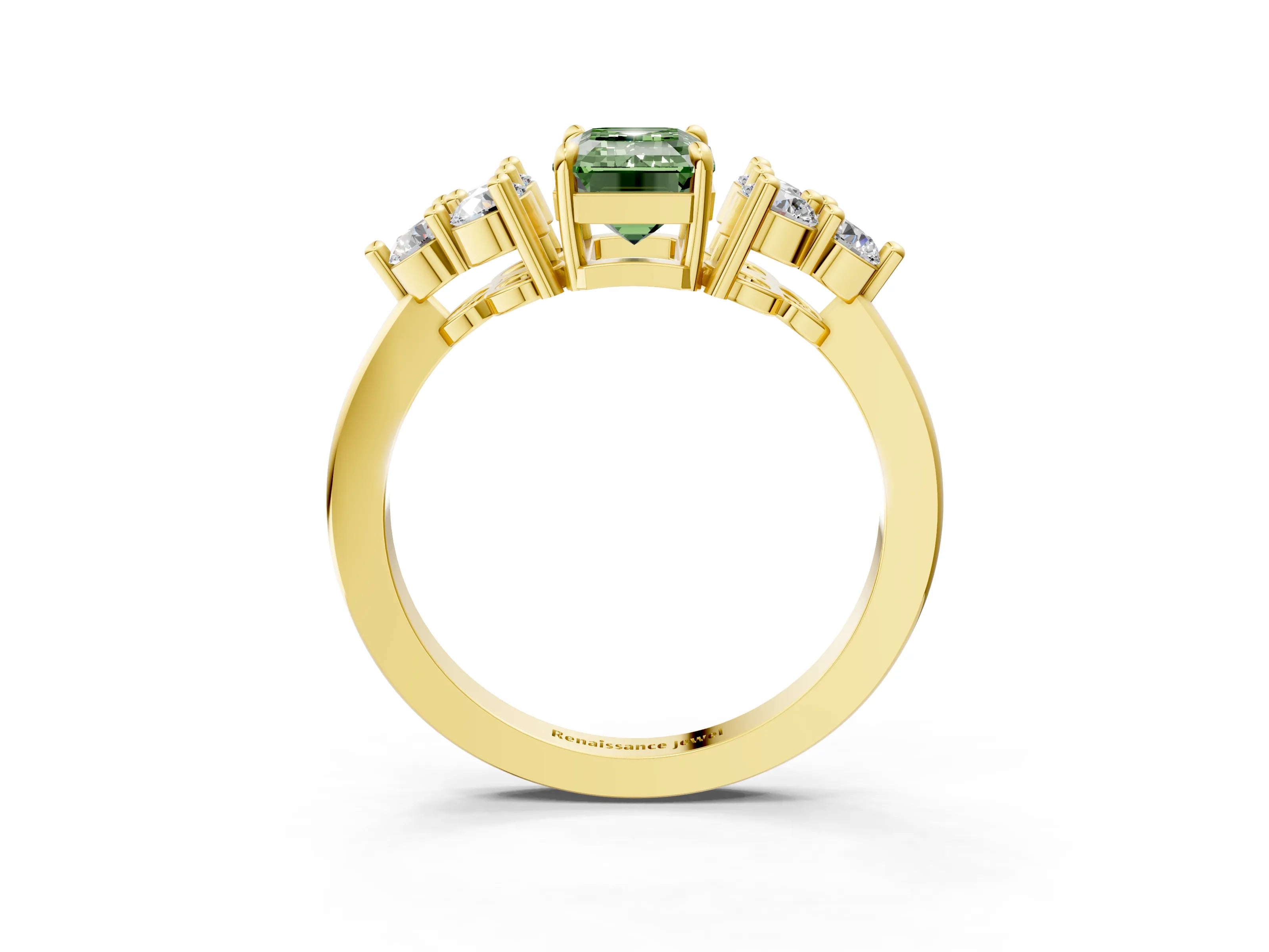 Yellow gold Fancy Green Emerald Cut Brilliant Diamond Cluster Accent Solitaire Ring with Prong Setting_3