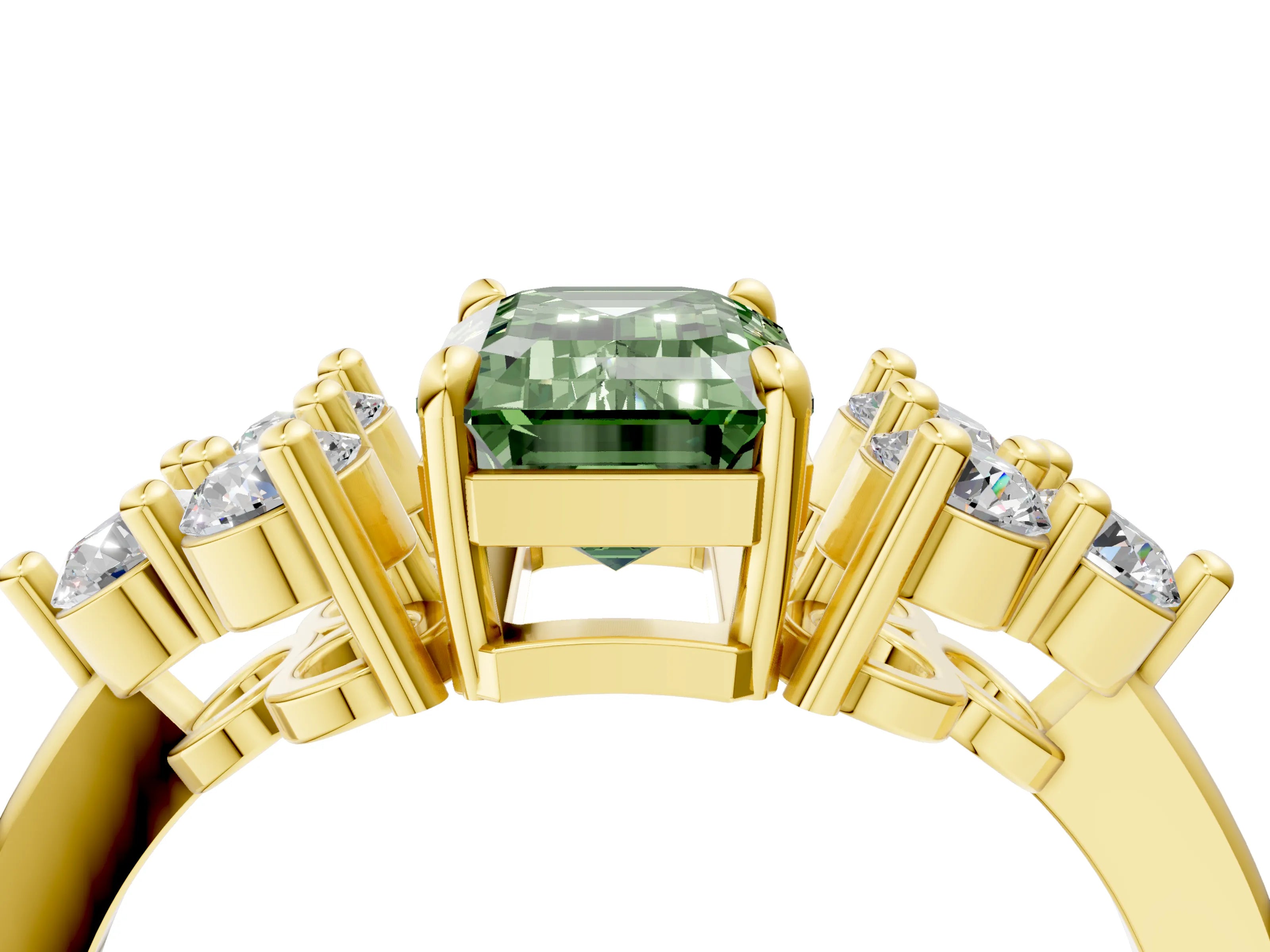 Yellow gold Fancy Green Emerald Cut Brilliant Diamond Cluster Accent Solitaire Ring with Prong Setting_4