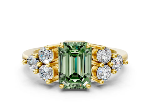 Yellow gold Fancy Green Emerald Cut Brilliant Diamond Cluster Accent Solitaire Ring with Prong Setting