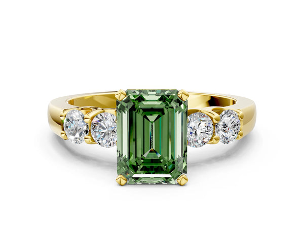 Yellow gold Fancy Green Emerald Cut Brilliant Diamond Five-Stone Engagement Ring with Prong Setting on a Classic Band