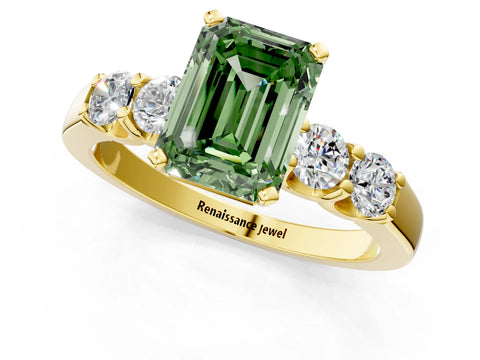 Yellow gold Fancy Green Emerald Cut Brilliant Diamond Five-Stone Engagement Ring with Prong Setting on a Classic Band_4