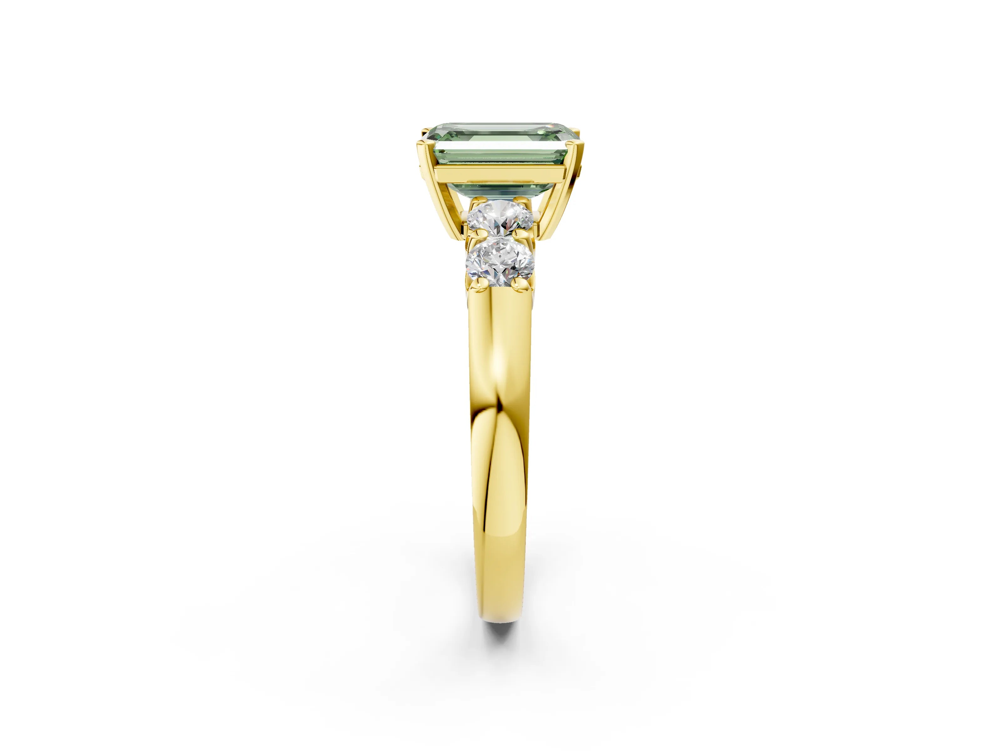 Yellow gold Fancy Green Emerald Cut Brilliant Diamond Five-Stone Engagement Ring with Prong Setting on a Classic Band_5