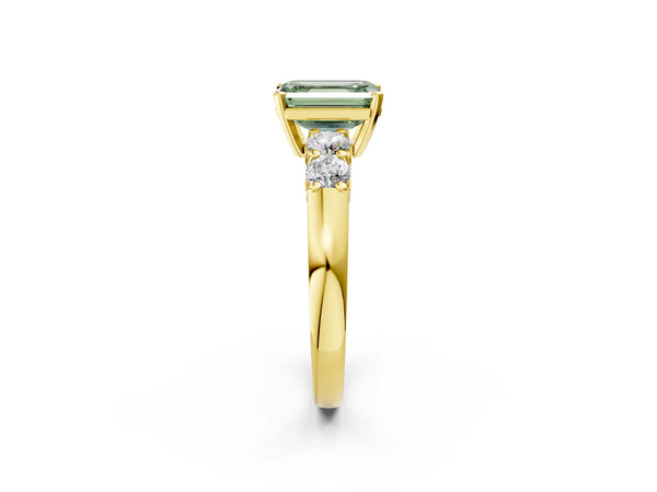 Yellow gold Fancy Green Emerald Cut Brilliant Diamond Five-Stone Engagement Ring with Prong Setting on a Classic Band