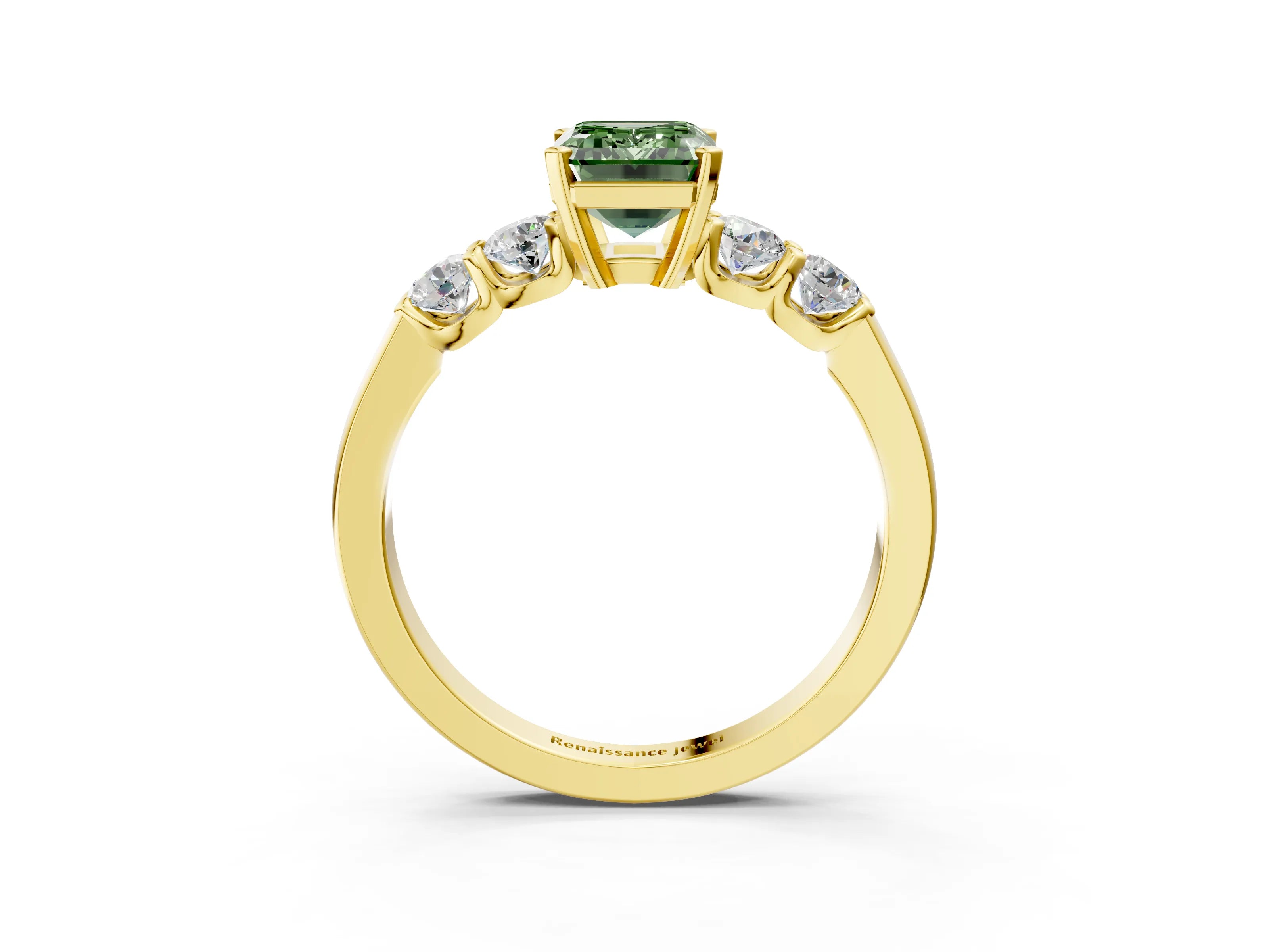 Yellow gold Fancy Green Emerald Cut Brilliant Diamond Five-Stone Engagement Ring with Prong Setting on a Classic Band_6