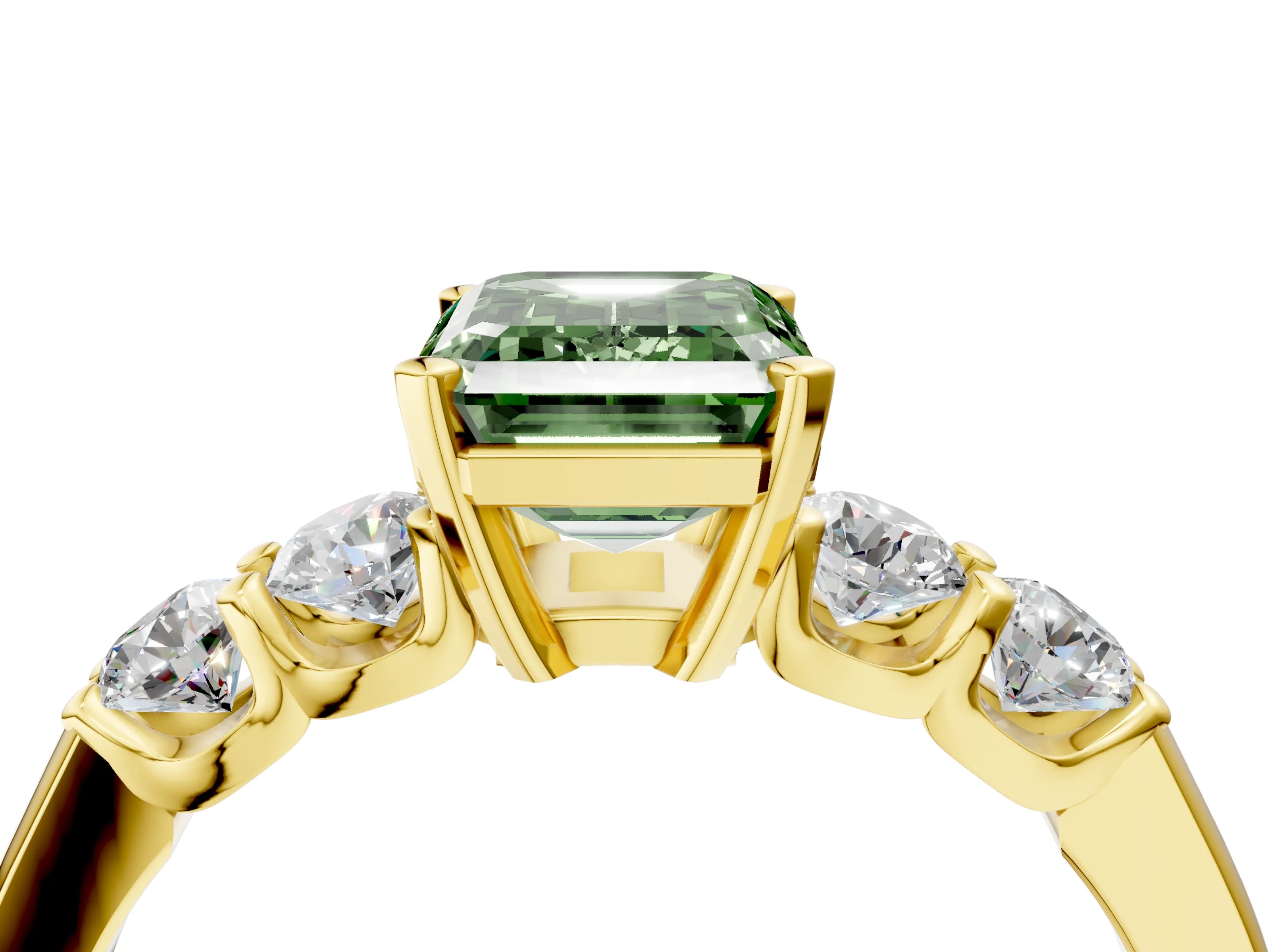 Yellow gold Fancy Green Emerald Cut Brilliant Diamond Five-Stone Engagement Ring with Prong Setting on a Classic Band_7