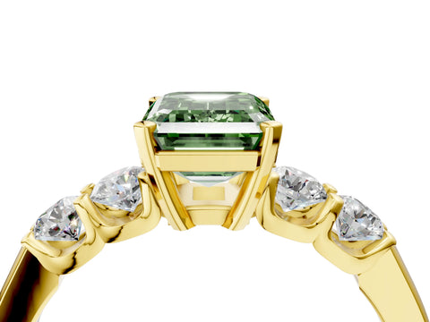 Yellow gold Fancy Green Emerald Cut Brilliant Diamond Five-Stone Engagement Ring with Prong Setting on a Classic Band_7