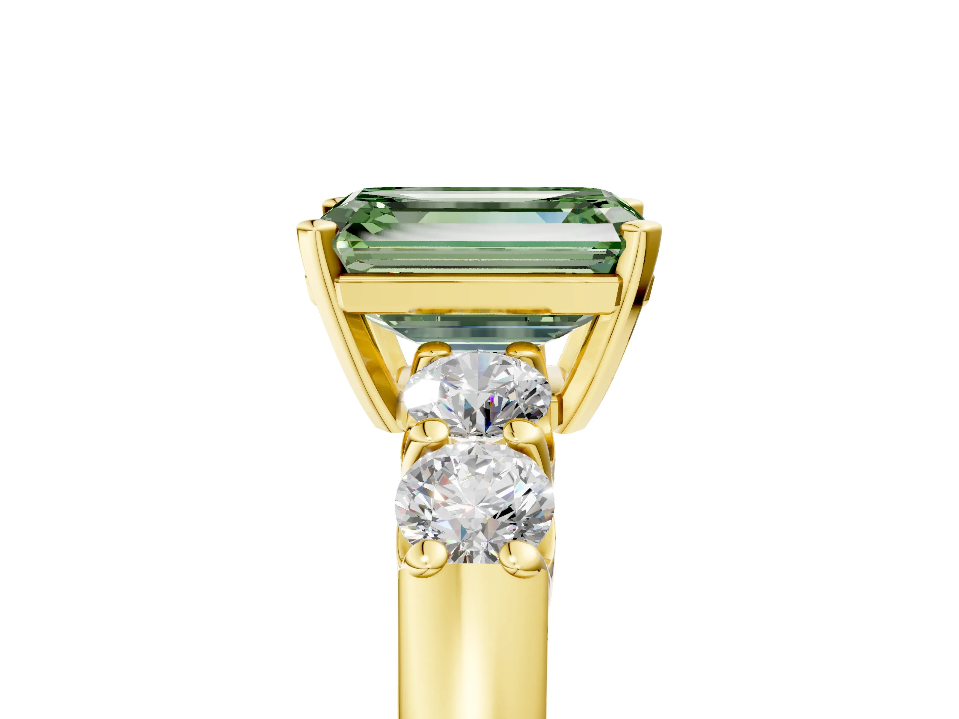 Yellow gold Fancy Green Emerald Cut Brilliant Diamond Five-Stone Engagement Ring with Prong Setting on a Classic Band_8