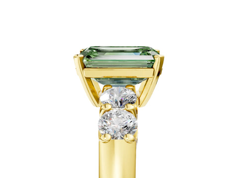 Yellow gold Fancy Green Emerald Cut Brilliant Diamond Five-Stone Engagement Ring with Prong Setting on a Classic Band_8