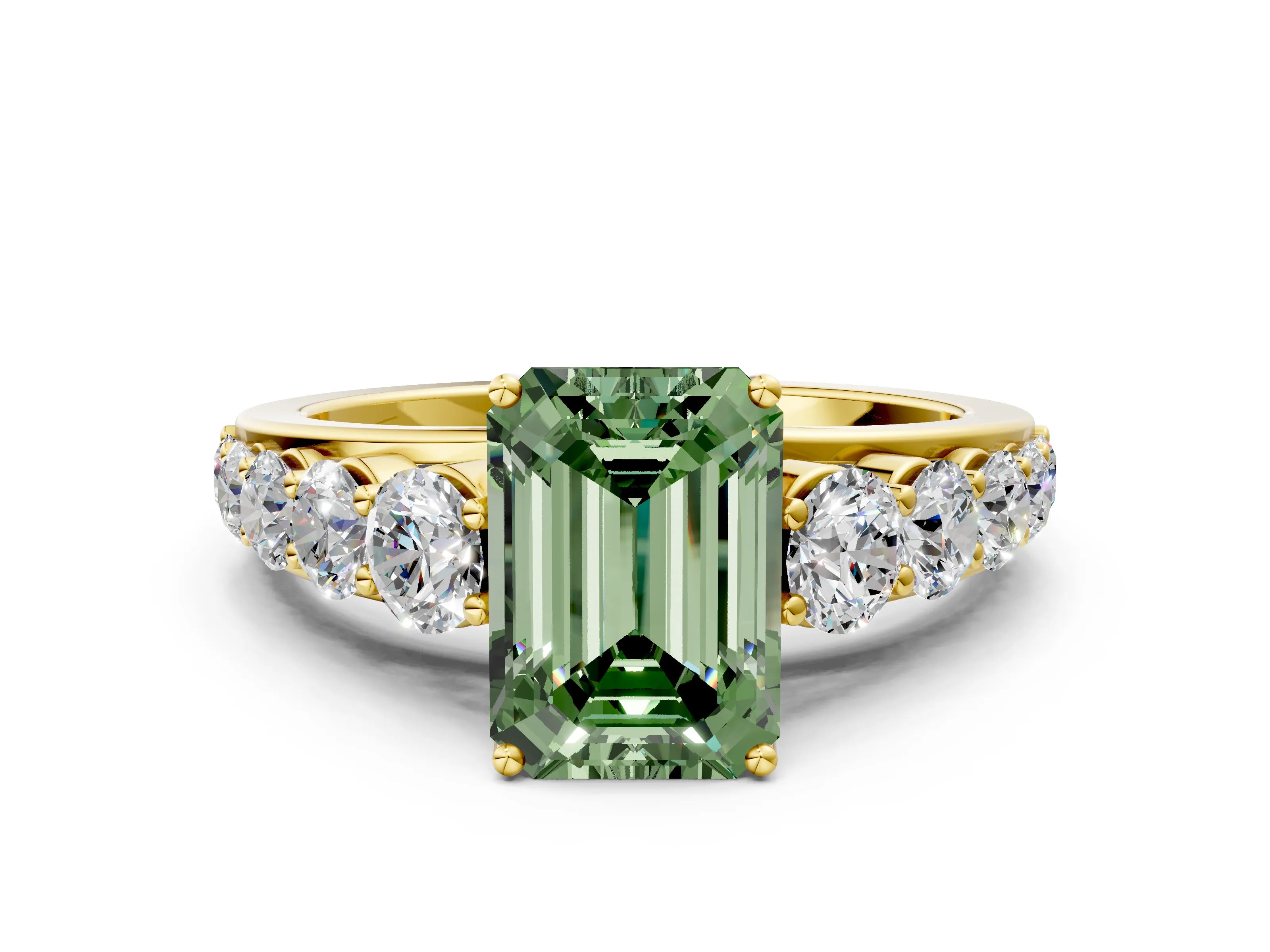Yellow gold Fancy Green Emerald Cut Brilliant Diamond Pavé Band with Six-Prong Setting
