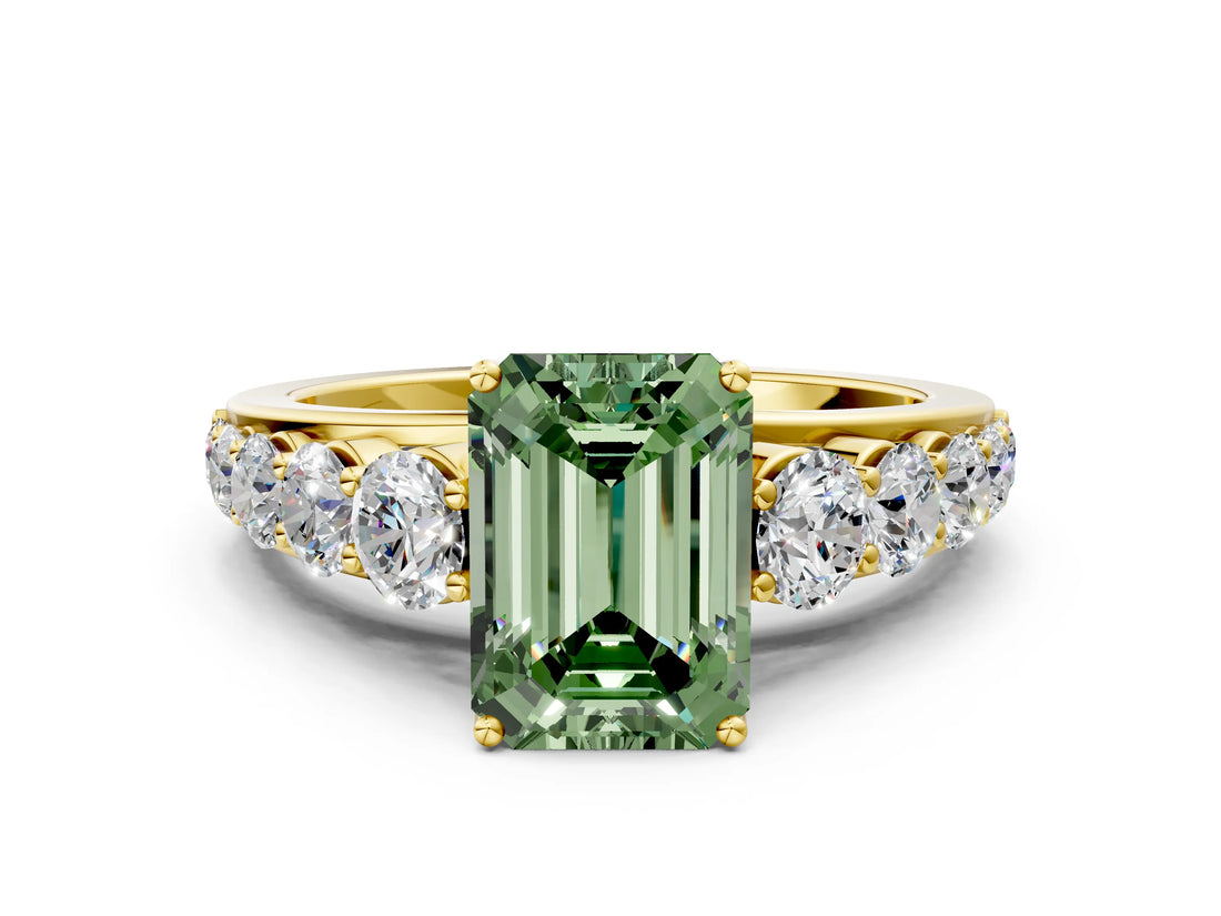 Yellow gold Fancy Green Emerald Cut Brilliant Diamond Pavé Band with Six-Prong Setting