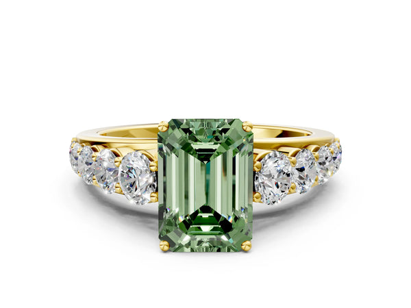 Yellow gold Fancy Green Emerald Cut Brilliant Diamond Pavé Band with Six-Prong Setting
