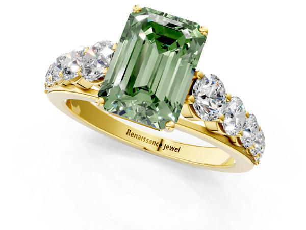 Yellow gold Fancy Green Emerald Cut Brilliant Diamond Pavé Band with Six-Prong Setting