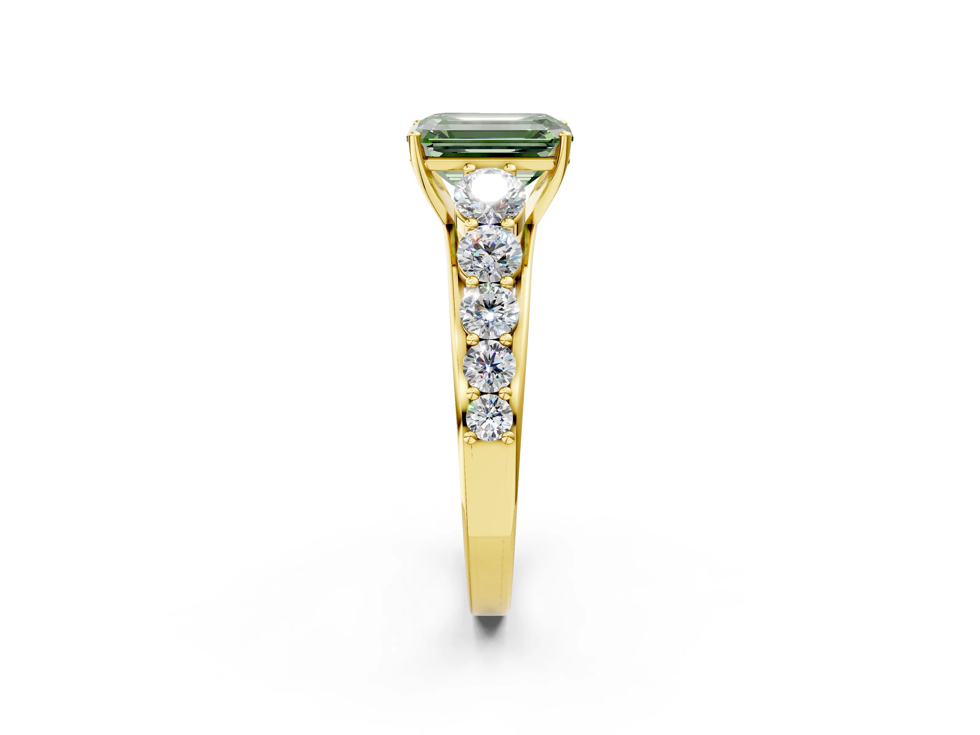 Yellow gold Fancy Green Emerald Cut Brilliant Diamond Pavé Band with Six-Prong Setting_2