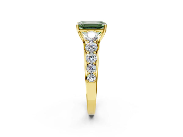 Yellow gold Fancy Green Emerald Cut Brilliant Diamond Pavé Band with Six-Prong Setting