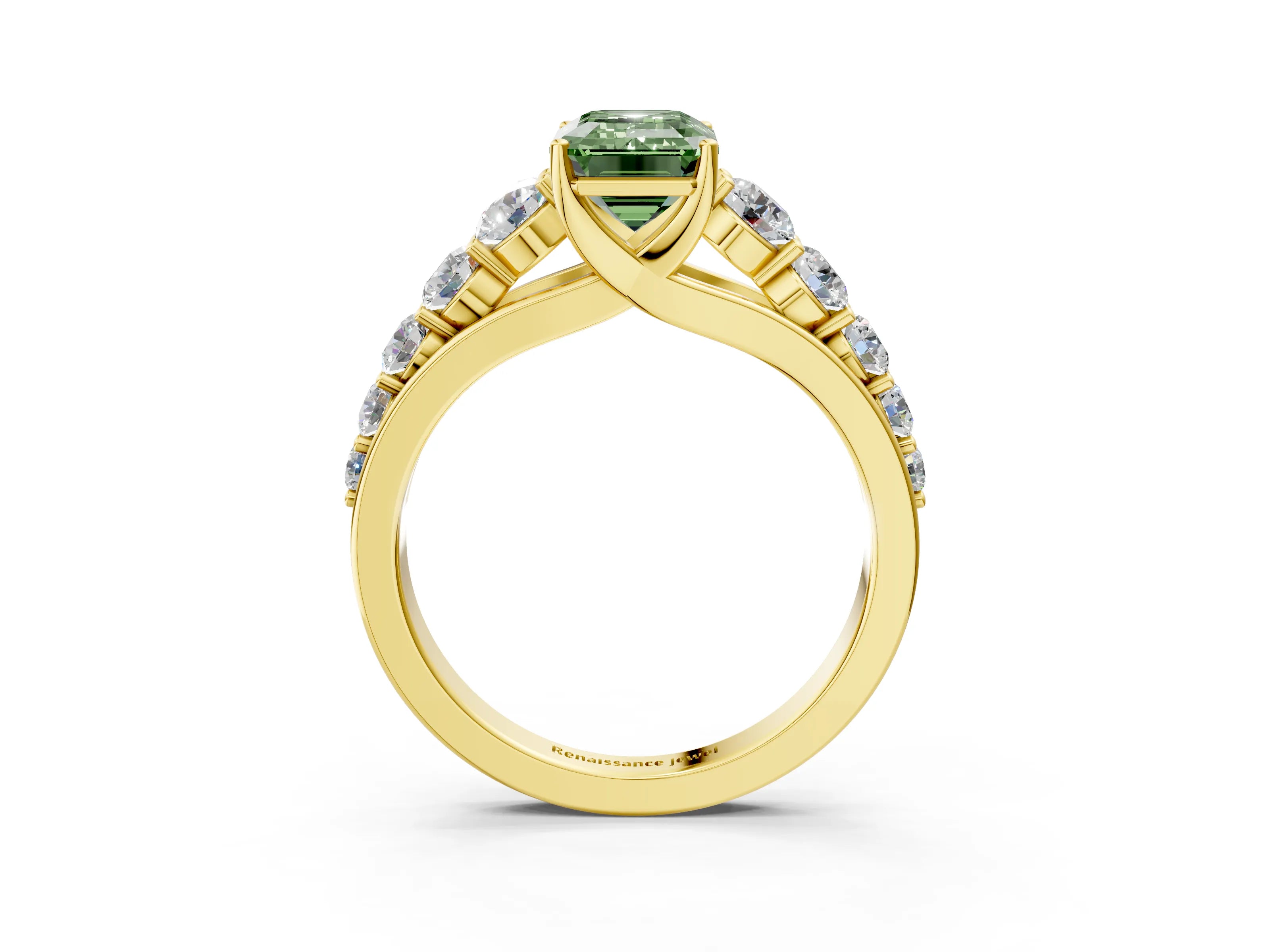 Yellow gold Fancy Green Emerald Cut Brilliant Diamond Pavé Band with Six-Prong Setting_3
