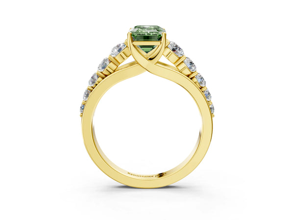 Yellow gold Fancy Green Emerald Cut Brilliant Diamond Pavé Band with Six-Prong Setting