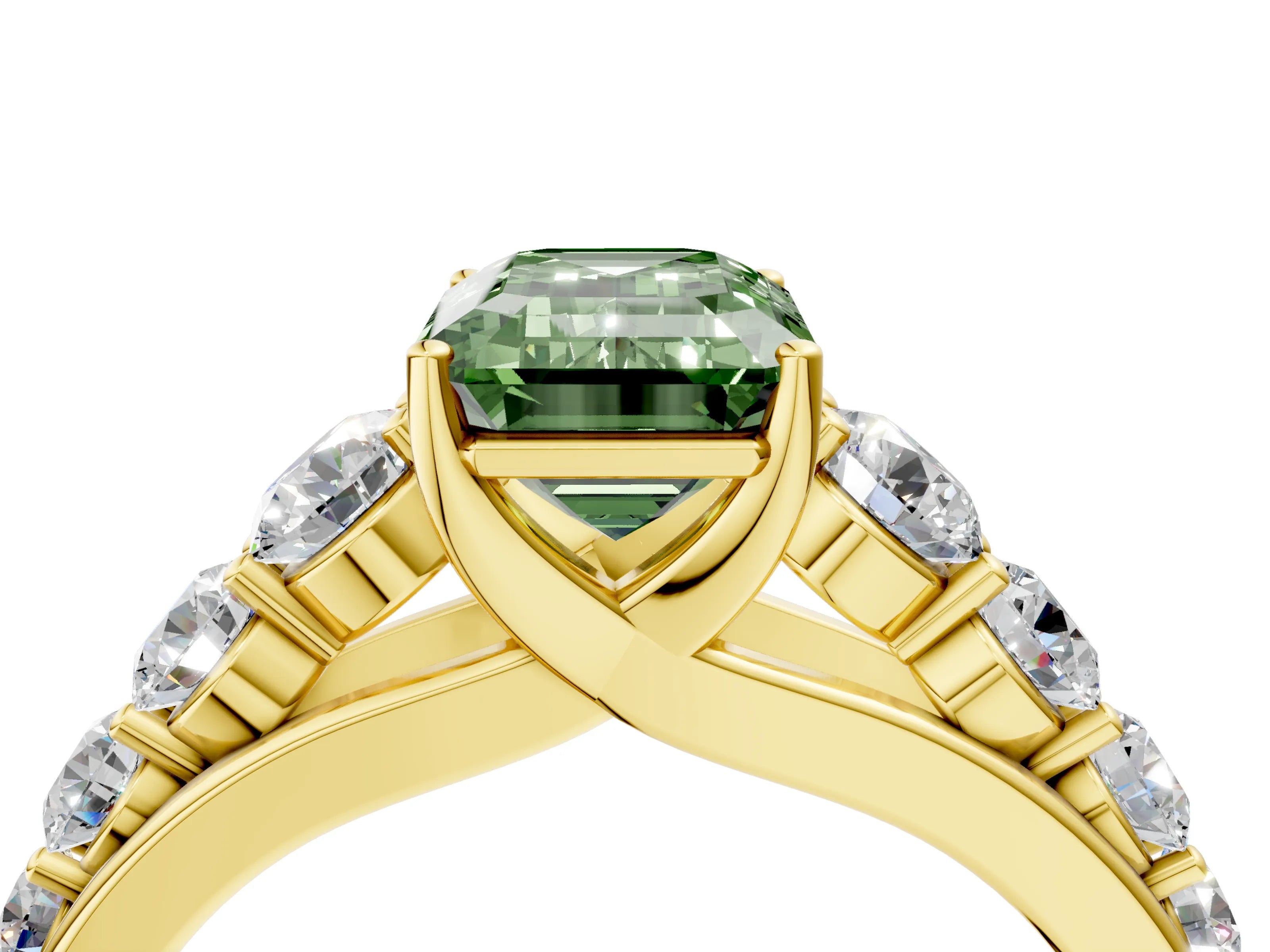 Yellow gold Fancy Green Emerald Cut Brilliant Diamond Pavé Band with Six-Prong Setting_4