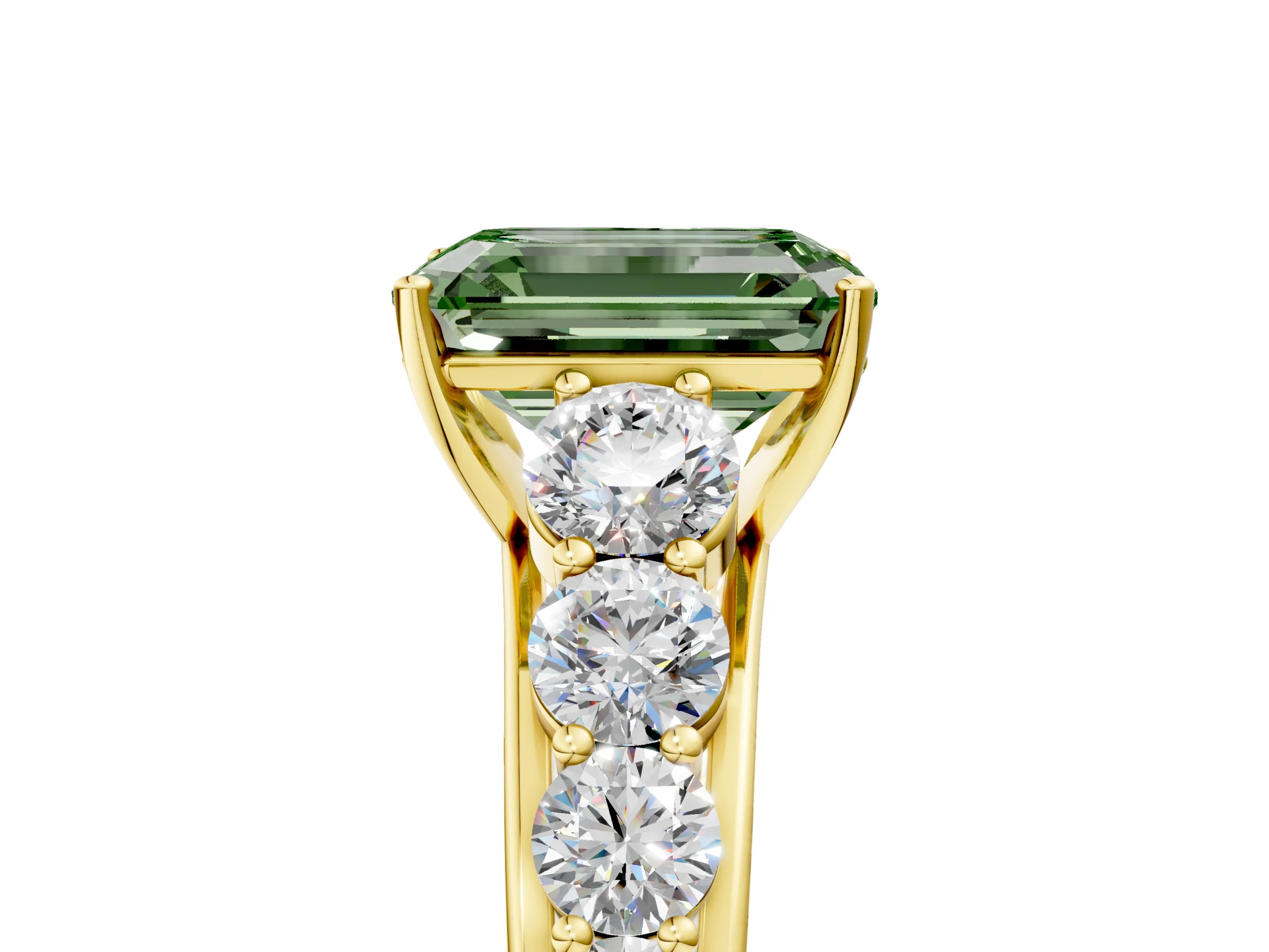 Yellow gold Fancy Green Emerald Cut Brilliant Diamond Pavé Band with Six-Prong Setting_5