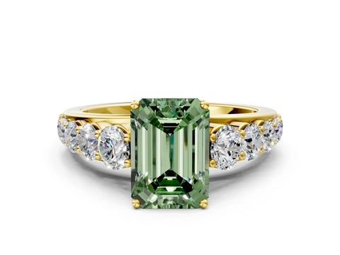 Yellow gold Fancy Green Emerald Cut Brilliant Diamond Pavé Band with Six-Prong Setting