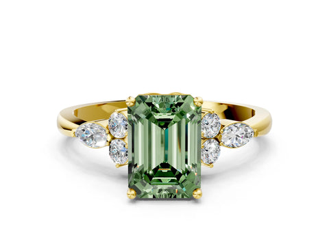 Yellow gold Fancy Green Emerald Cut Brilliant Diamond Solitaire Ring with Pear Side Stones and Four-Prong Setting_3