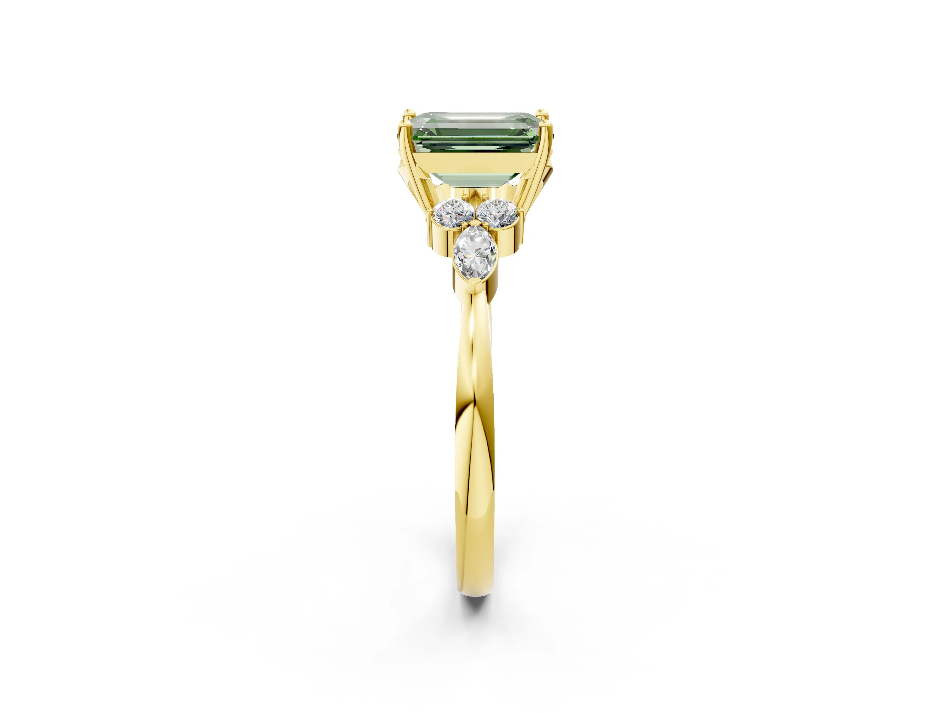 Yellow gold Fancy Green Emerald Cut Brilliant Diamond Solitaire Ring with Pear Side Stones and Four-Prong Setting_5