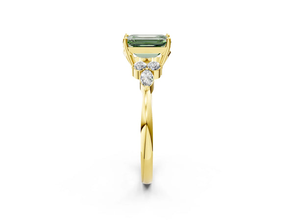 Yellow gold Fancy Green Emerald Cut Brilliant Diamond Solitaire Ring with Pear Side Stones and Four-Prong Setting