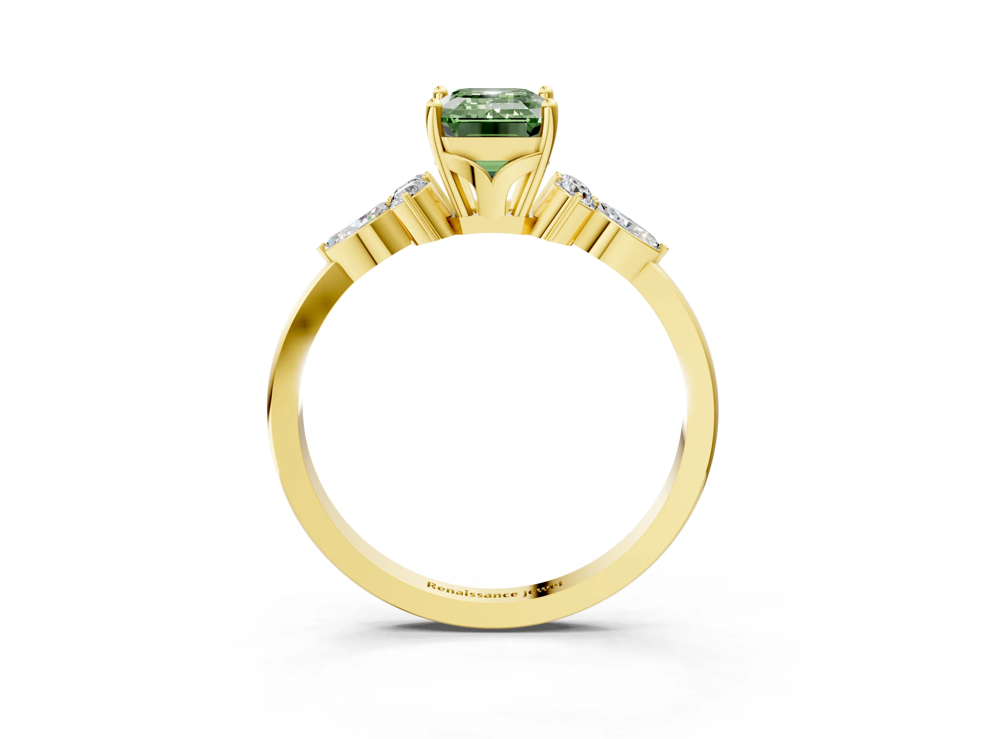 Yellow gold Fancy Green Emerald Cut Brilliant Diamond Solitaire Ring with Pear Side Stones and Four-Prong Setting_6