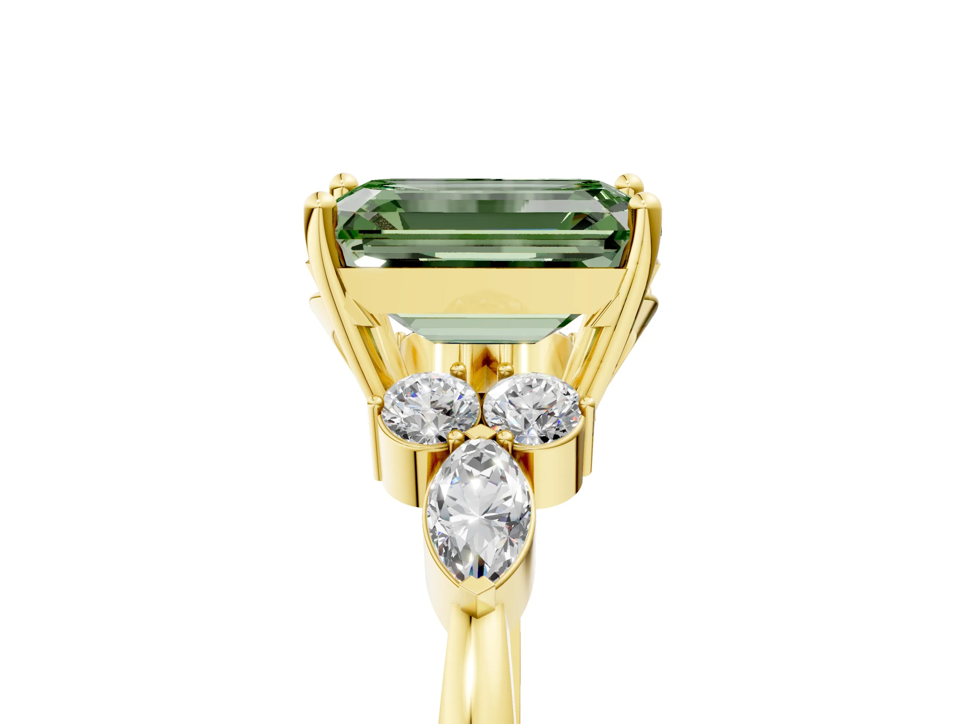 Yellow gold Fancy Green Emerald Cut Brilliant Diamond Solitaire Ring with Pear Side Stones and Four-Prong Setting_8