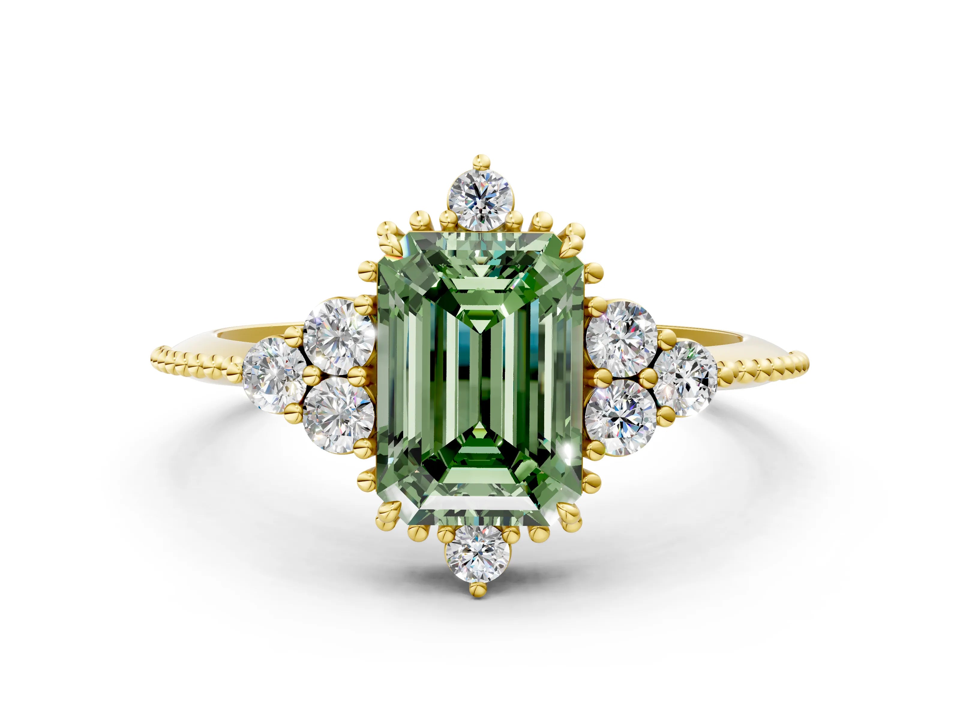 Yellow gold Fancy Green Emerald Cut Brilliant Diamond with Cluster Setting on a Beaded Band and Four-Prong Setting