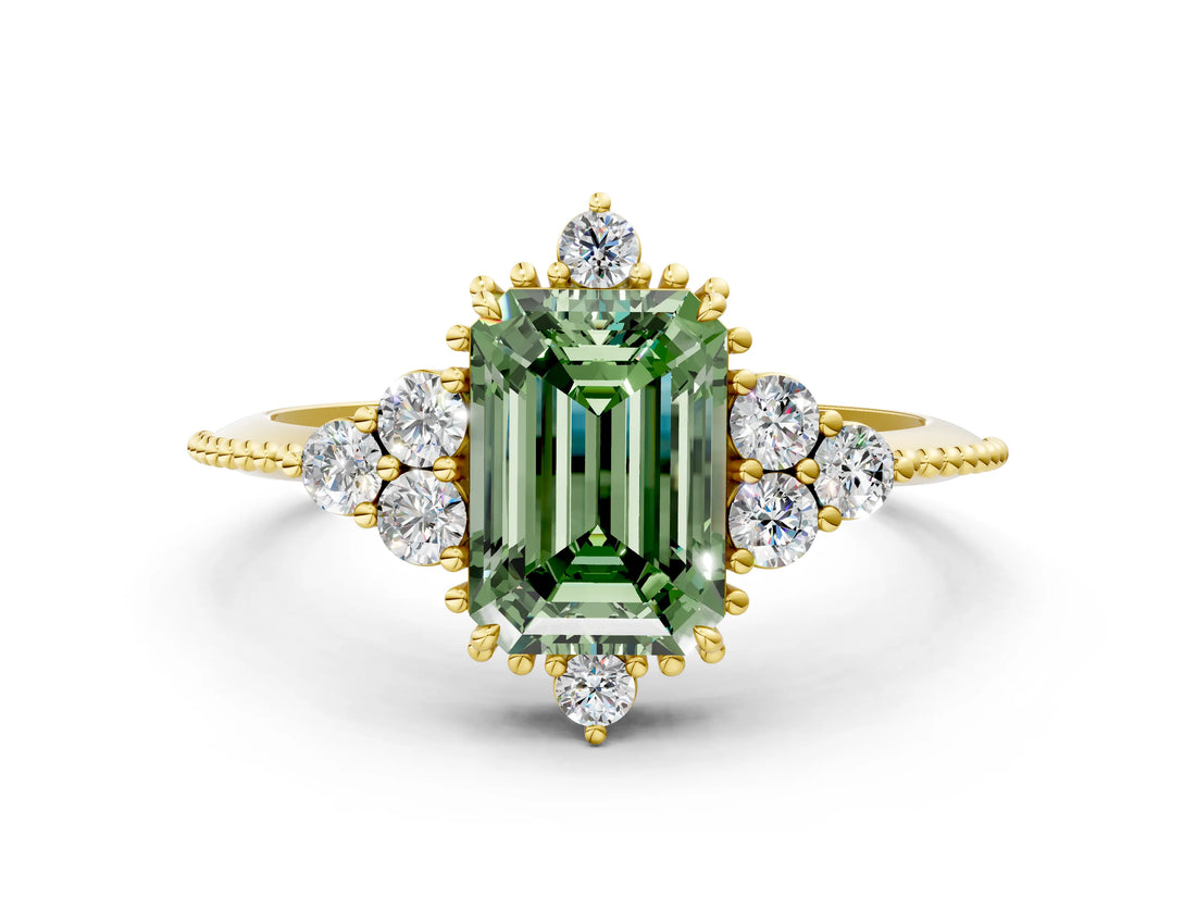 Yellow gold Fancy Green Emerald Cut Brilliant Diamond with Cluster Setting on a Beaded Band and Four-Prong Setting
