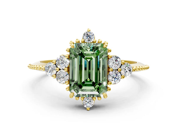 Yellow Gold Emerald Cut Beaded Cluster Engagement Ring Setting for Fancy Green Center