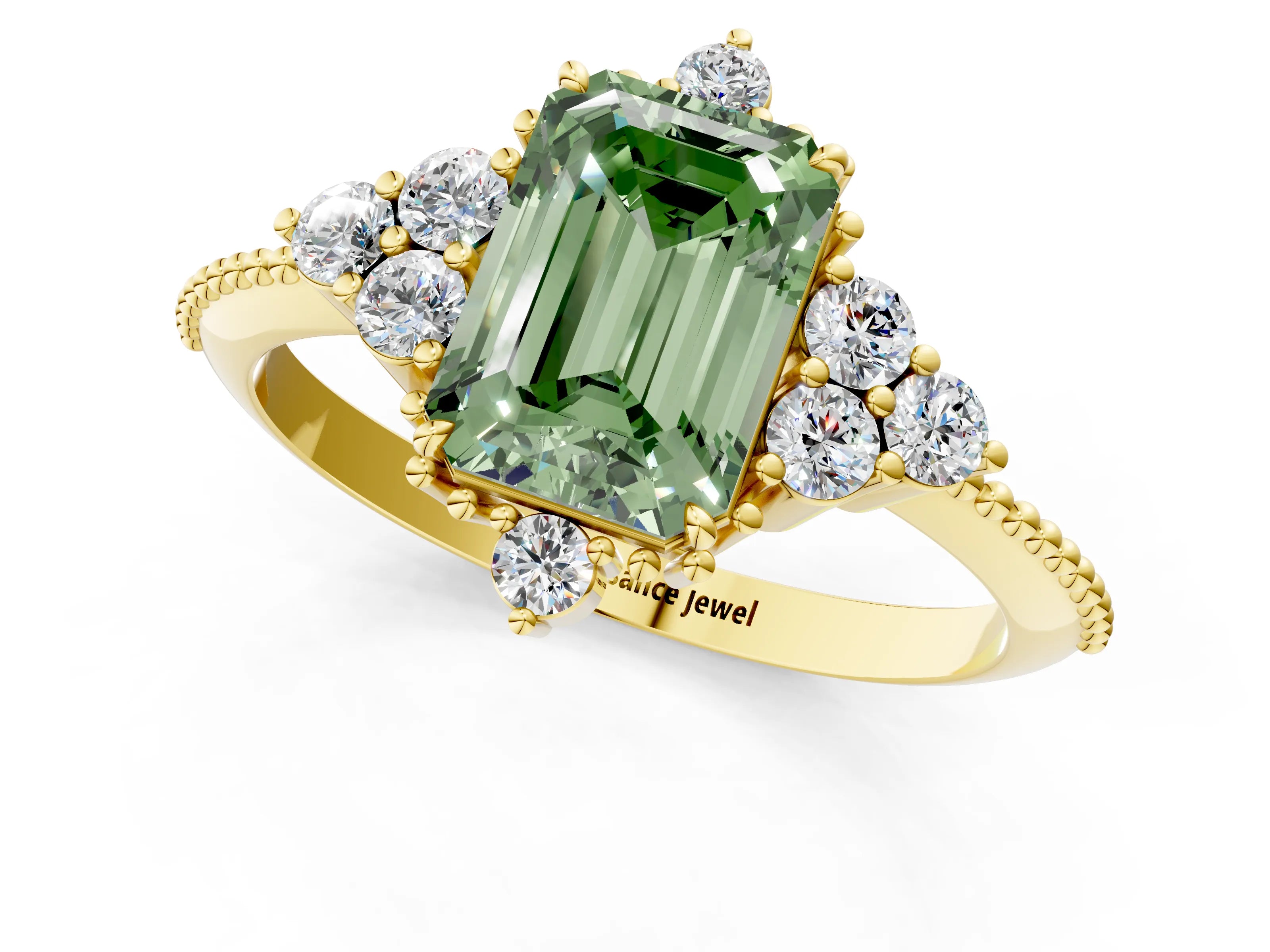 Yellow gold Fancy Green Emerald Cut Brilliant Diamond with Cluster Setting on a Beaded Band and Four-Prong Setting_1