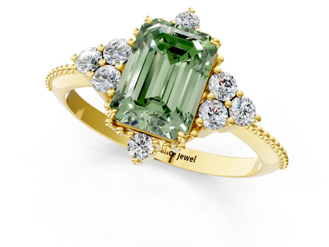 Yellow gold Fancy Green Emerald Cut Brilliant Diamond with Cluster Setting on a Beaded Band and Four-Prong Setting_1