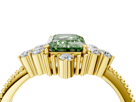Yellow gold Fancy Green Emerald Cut Brilliant Diamond with Cluster Setting on a Beaded Band and Four-Prong Setting_4