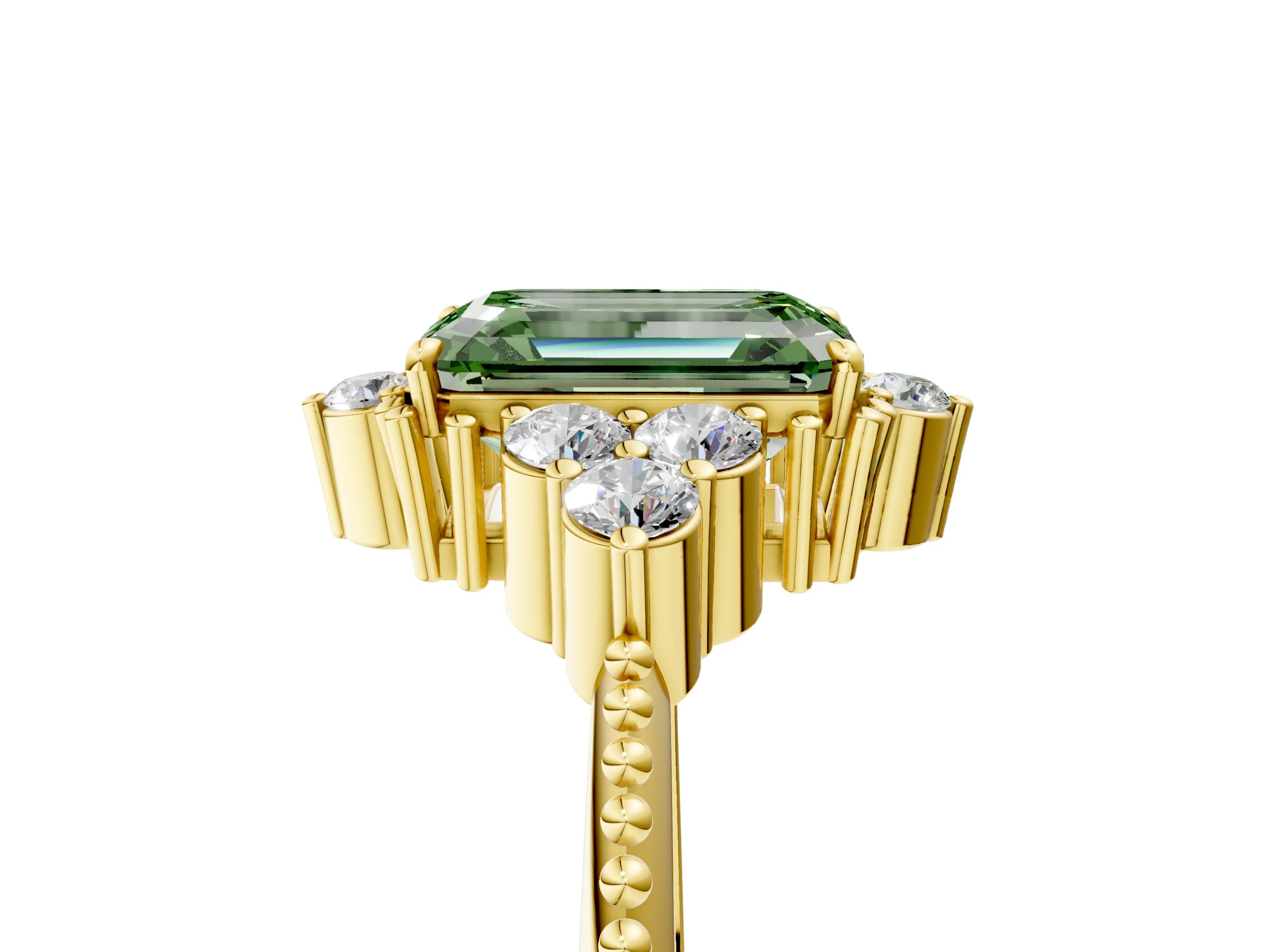 Yellow gold Fancy Green Emerald Cut Brilliant Diamond with Cluster Setting on a Beaded Band and Four-Prong Setting_5