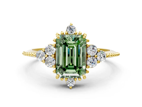 Yellow gold Fancy Green Emerald Cut Brilliant Diamond with Cluster Setting on a Beaded Band and Four-Prong Setting