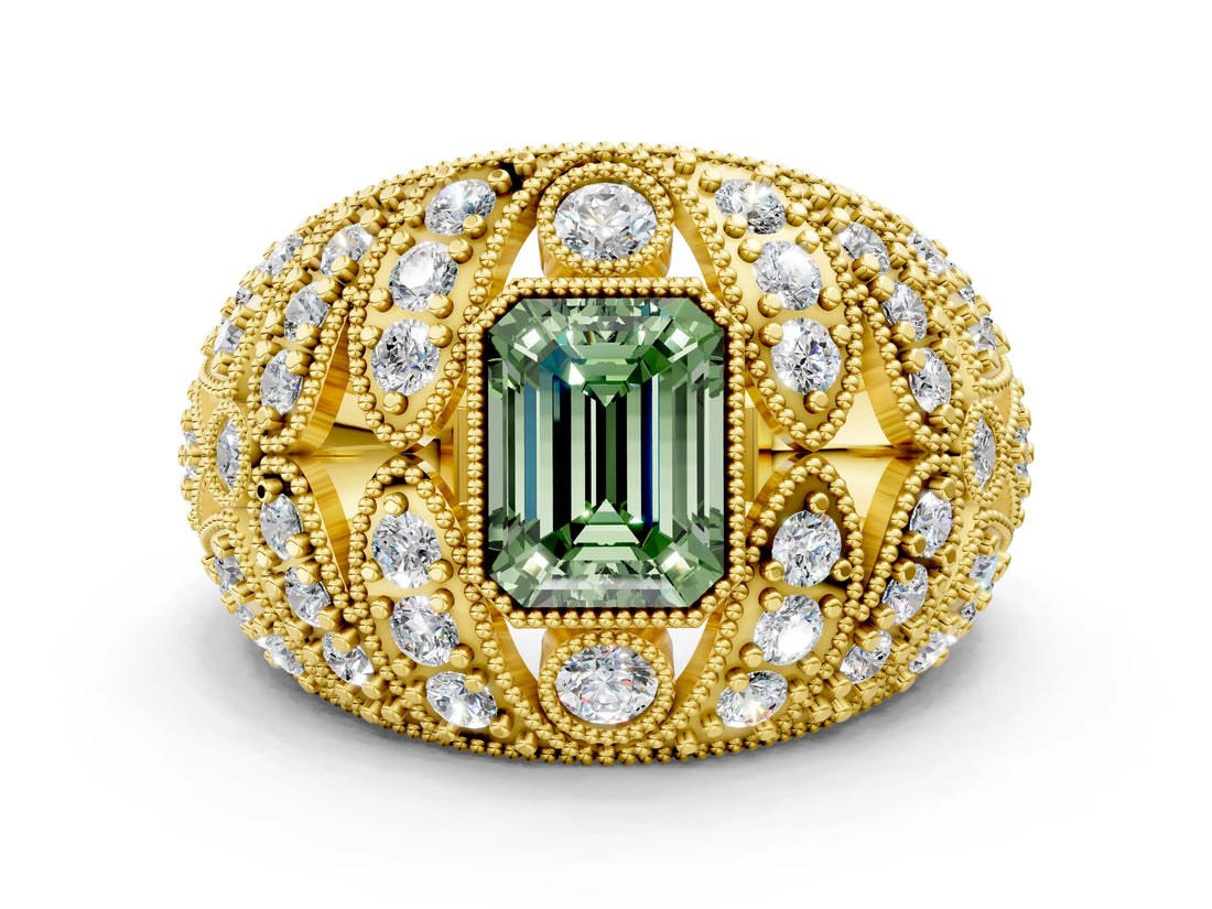Yellow gold Fancy Green Emerald Cut Brilliant Halo Pave Diamond Milgrain Ring