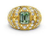 Yellow gold Fancy Green Emerald Cut Brilliant Halo Pave Diamond Milgrain Ring