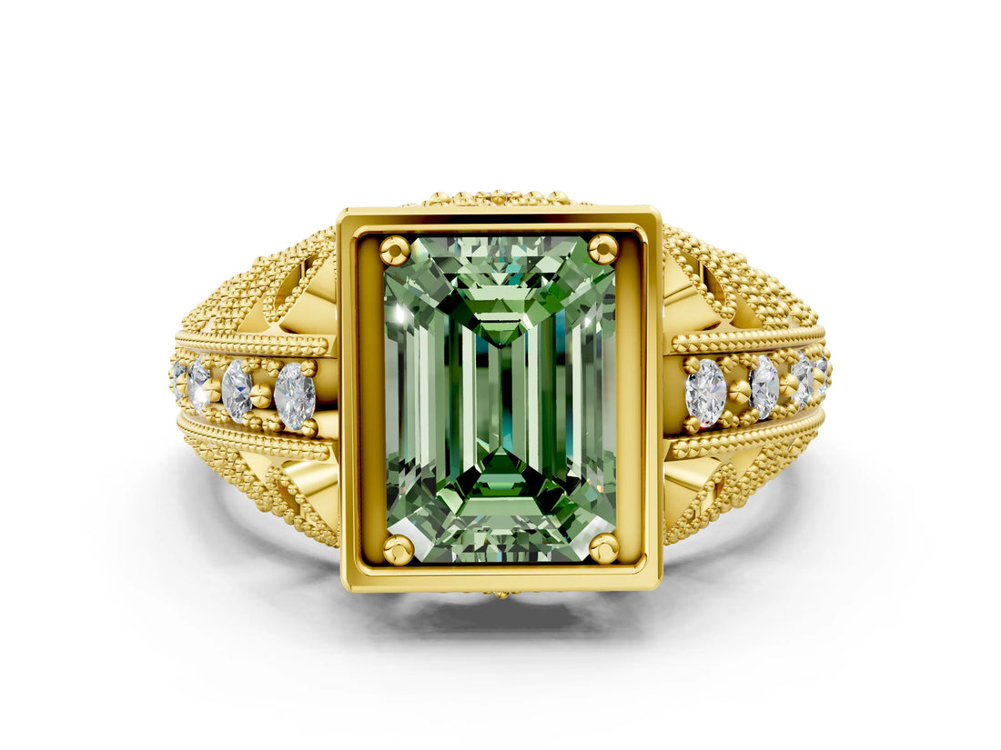 Yellow gold Fancy Green Emerald Cut Brilliant Milgrain Filigree Diamond Ring with Square Prong Setting