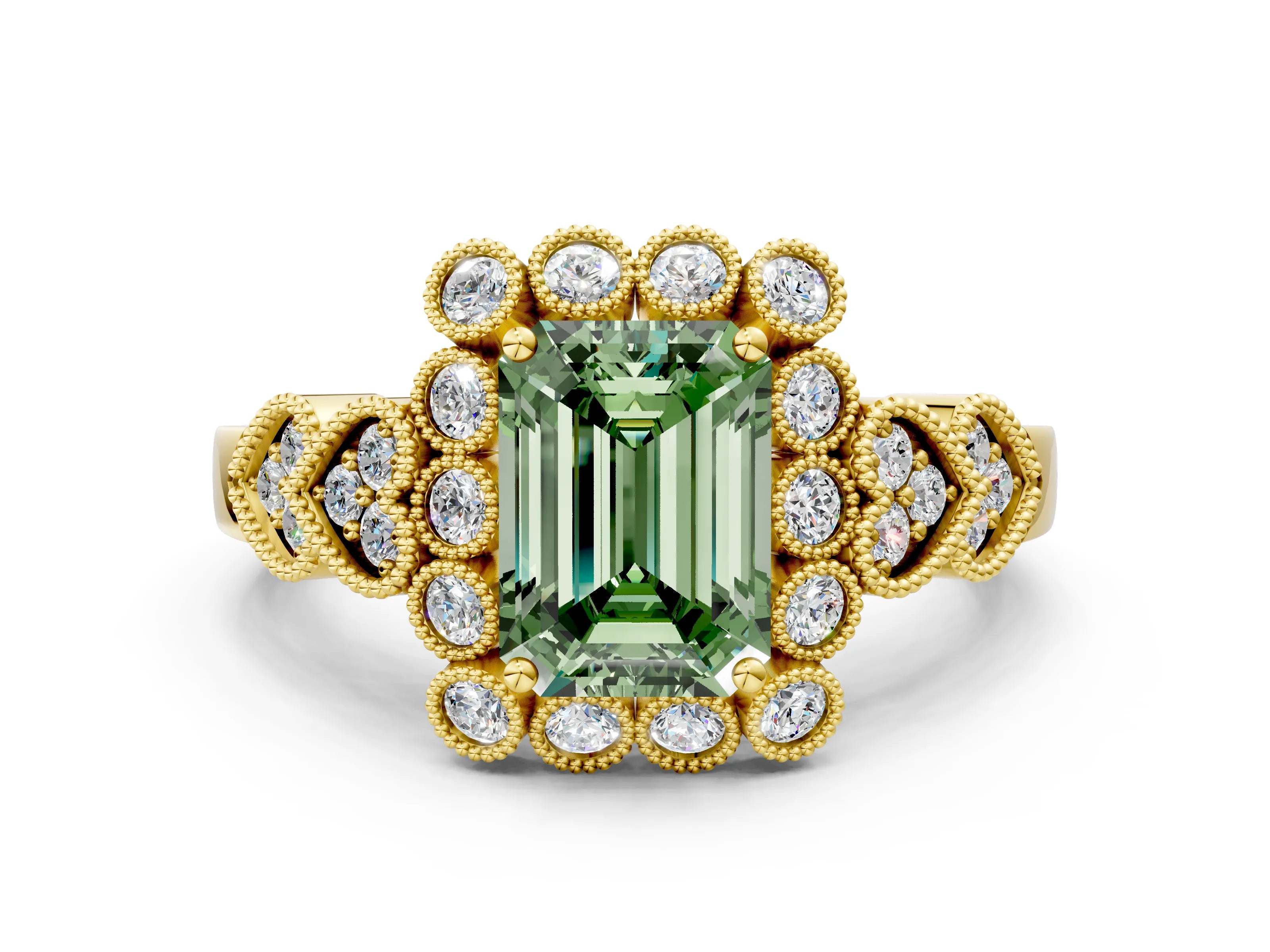 Yellow gold Fancy Green Emerald Cut Brilliant Milgrain Pave Heart Band Solitaire Ring