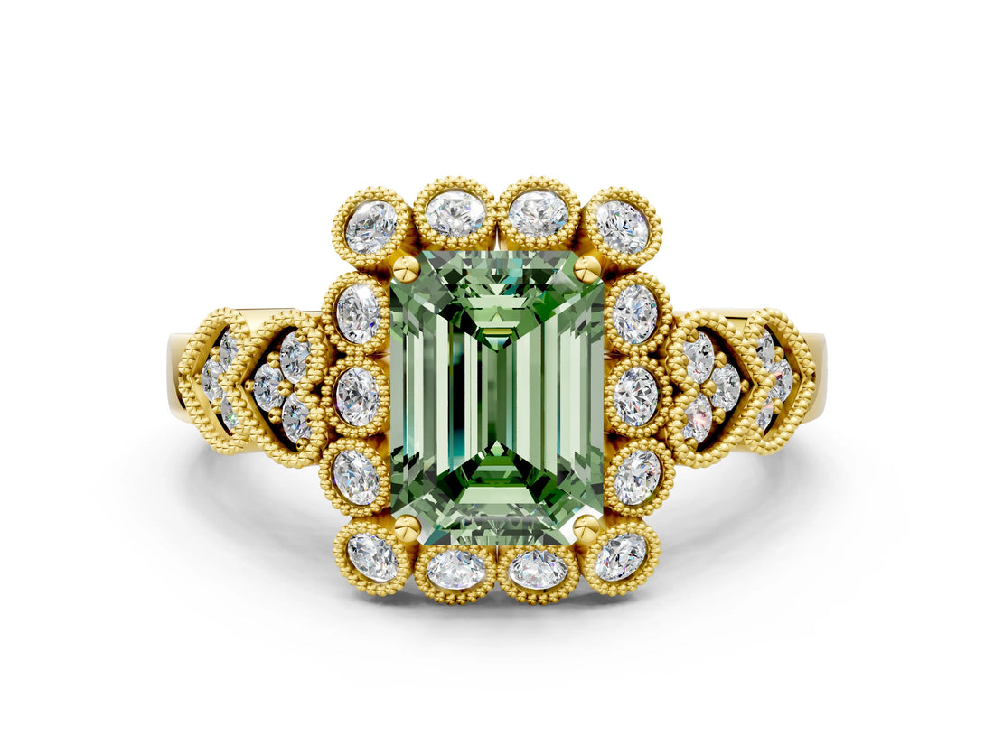 Yellow gold Fancy Green Emerald Cut Brilliant Milgrain Pave Heart Band Solitaire Ring