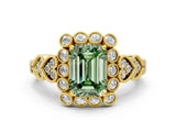 Yellow gold Fancy Green Emerald Cut Brilliant Milgrain Pave Heart Band Solitaire Ring
