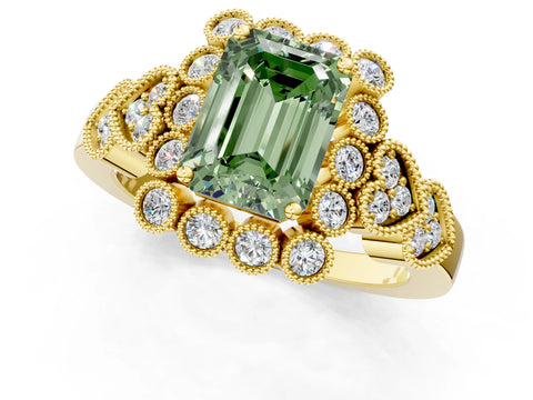 Yellow gold Fancy Green Emerald Cut Brilliant Milgrain Pave Heart Band Solitaire Ring_1